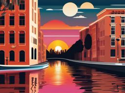 Sunset over a city river sticker- Urban reflections, , sticker vector art, minimalist design