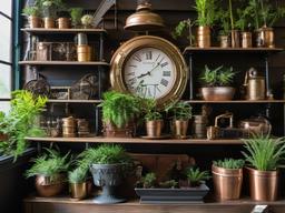 The greenhouse showcases steampunk interior design with vintage planters, industrial shelving, and whimsical decor that create an inspiring environment for gardening and plant care.  