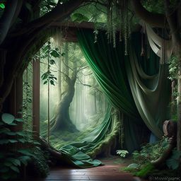 forest nymph's living room nestled among ancient trees with ethereal drapes. 