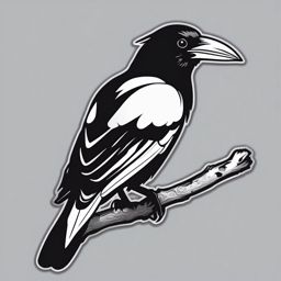 Pied Crow Sticker - A sleek pied crow perched on a branch, ,vector color sticker art,minimal