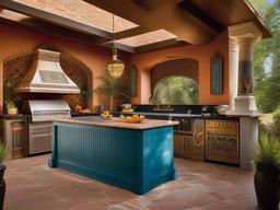 In the outdoor kitchen, Egyptian Revival interior design showcases bold patterns, vibrant colors, and ornate details that enhance outdoor cooking and entertaining.  