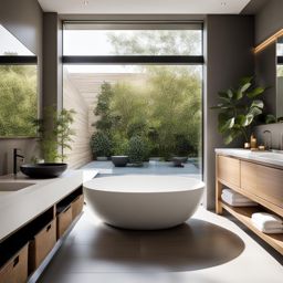 serene bathroom with a freestanding soaking tub and spa-like decor. 