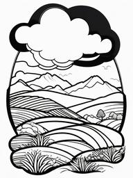 Rainbow Coloring Page - Rainbow amidst rolling hills and meadows.  easy,simple,minimal,coloring pages,black and white outline