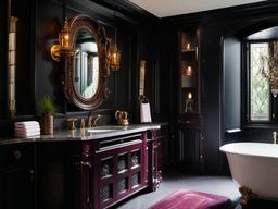 Gothic bathroom incorporates dark wood cabinets, rich colors, and ornate details, creating a dramatic and moody sanctuary for self-care.  