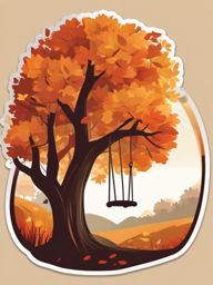 Tree with Swing in Autumn Sticker - Tree with a swing in an autumnal setting, ,vector color sticker art,minimal