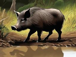 Wild Boar Cartoon - Cartoon of wild boar rooting in mud  