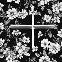 drawing of a cross with flowers  minimal rough sketch scribbles,doodles,black and white