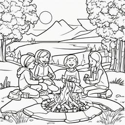 Summer Coloring Pages - Family roasting marshmallows around a campfire at night  simple coloring pages