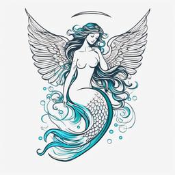 Angel Mermaid Tattoo - Combine celestial and aquatic elements with a tattoo featuring an angelic mermaid design.  simple vector color tattoo,minimal,white background