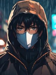 Enigmatic masked vigilante in a rainy city.  front facing ,centered portrait shot, cute anime color style, pfp, full face visible