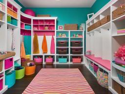 Candy Land mudroom features bright colors, playful storage solutions, and fun decor, creating a whimsical and organized transition space into the home.  