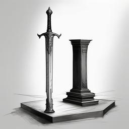 drawing of a sword on a pedestal  minimal rough sketch scribbles,doodles,black and white