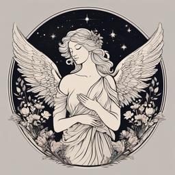 Garden Angel Tattoo - Blend nature's serenity with celestial guardianship.  minimalist color tattoo, vector