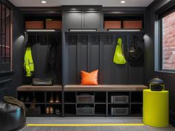 A mudroom designed with cyberpunk interior design includes industrial storage solutions, neon accents, and a modern aesthetic that makes transitioning from the outdoors feel stylish.  