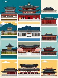 Seoul clipart - Gyeongbokgung Palace and Seoul skyline,  color clipart, vector art