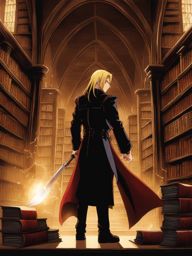 edward elric performs alchemical transmutations in an ancient library filled with tomes. 