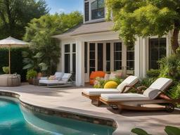 The pool area embraces vintage interior design with retro loungers, colorful decor, and lush landscaping that create a charming space for summer enjoyment.  