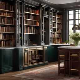 Classic Library Kitchen - Design a kitchen with classic library elements and bookshelves. , kitchen layout design ideas, multicoloured, photo realistic, hyper detail, high resolution,