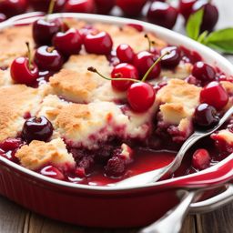 cherry cobbler featuring sweet cherries baked with a biscuit-like topping. 