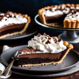 a slice of silky chocolate silk pie, topped with whipped cream and chocolate shavings. 