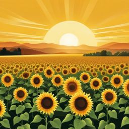 Sunflower Field in Sunshine Clipart - Expansive sunflower field bathed in warm sunlight.  color clipart, minimalist, vector art, 