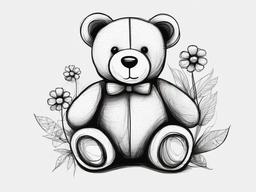 drawing of a teddy bear with flowers  minimal rough sketch scribbles,doodles,black and white