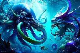 kraken vs giant squid - oceanic giants grapple in the inky depths, tentacles and beaks locked in a watery struggle. 