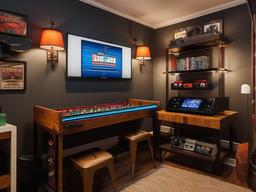 Vintage gamer room incorporates retro gaming furniture, nostalgic decor, and playful accents that create a warm and inviting space for gameplay.  