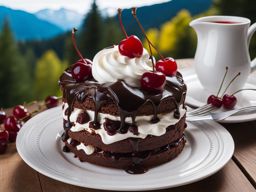 black forest cake with cherries and whipped cream, relished at a romantic chalet. 