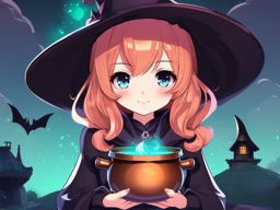 Kawaii anime witch with a bubbling cauldron.  front facing ,centered portrait shot, cute anime color style, pfp, full face visible