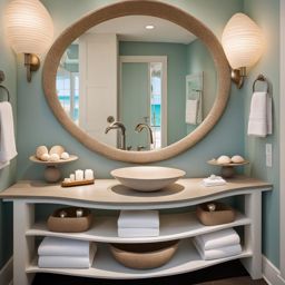 beachfront bathroom with seashell-shaped sinks and a soothing coastal palette. 