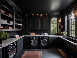 In the laundry room, Gothic interior design includes dark cabinetry, vintage accents, and a moody color palette that makes chores feel more stylish and less mundane.  