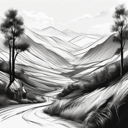 drawing of a valley landscape  minimal rough sketch scribbles,doodles,black and white