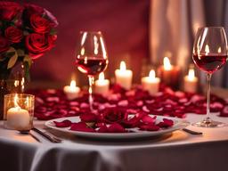 Valentine's Day background - Romantic candle-lit dinner table with rose petals and wine glasses  aesthetic background wallpaper