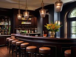 In the bar room, traditional interior design includes elegant bar stools, rich wood counters, and classic decor that create a sophisticated environment for socializing and celebration.  