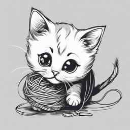 drawing of a cute kitten playing with yarn  minimal rough sketch scribbles,doodles,black and white