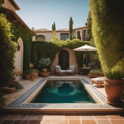 Mediterranean Backyard Paradise - Mediterranean backyard paradise with a tiled pool and lush greenery. realistic, professional photography, bokeh, natural lighting, canon lens, shot on dslr 64 megapixels sharp focus