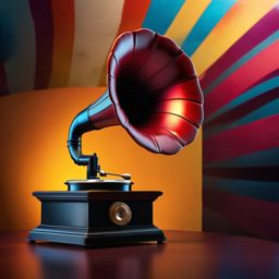 Gramophone - A vintage gramophone with a large horn speaker hyperrealistic, intricately detailed, color depth,splash art, concept art, mid shot, sharp focus, dramatic, 2/3 face angle, side light, colorful background
