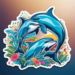 Dolphin Symphony Sticker - A playful symphony of dolphins leaping and splashing, ,vector color sticker art,minimal