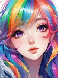 Girl with rainbow-colored hair in a whimsical dreamlike dimension.  close shot of face, face front facing, profile picture, anime style