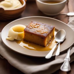 malva pudding, a south african dessert, enjoyed at a safari lodge in the savanna. 