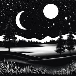 moon clipart black and white in a starry night - casting a serene glow. 