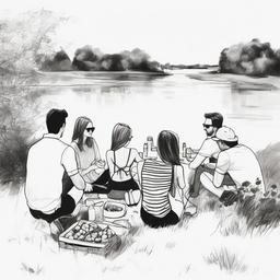 drawing of friends at a picnic  minimal rough sketch scribbles,doodles,black and white