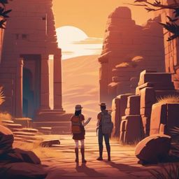 Adventurous archaeologist and adventurous archaeologist friend, exploring ancient ruins, deciphering cryptic hieroglyphics, and uncovering long-lost secrets, as a matching pfp for friends. wide shot, cool anime color style