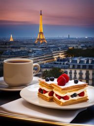 mille-feuille, a delicate french pastry, savored at an elegant café with a view of the eiffel tower. 