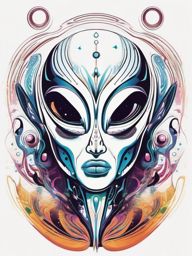 Abstract cosmic alien, a surreal representation of an extraterrestrial being surrounded by cosmic energy.  colored tattoo style, minimalist, white background