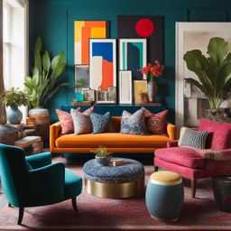 eclectic living room with a mix of patterns and bold colors. 