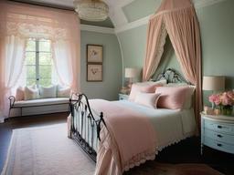 In the bedroom, vintage interior design showcases a wrought-iron bed frame, lace curtains, and soft pastel colors that transform the space into a charming and serene retreat.  