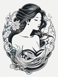 Japanese Mermaid Tattoo - Embrace Japanese artistry with a tattoo featuring a mermaid in traditional Japanese style.  simple vector color tattoo,minimal,white background