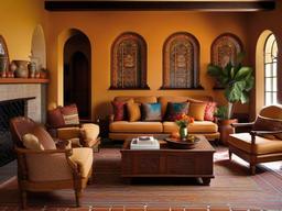 Spanish Revival living room incorporates warm colors, patterned tiles, and wooden furniture to create a vibrant and inviting atmosphere.  